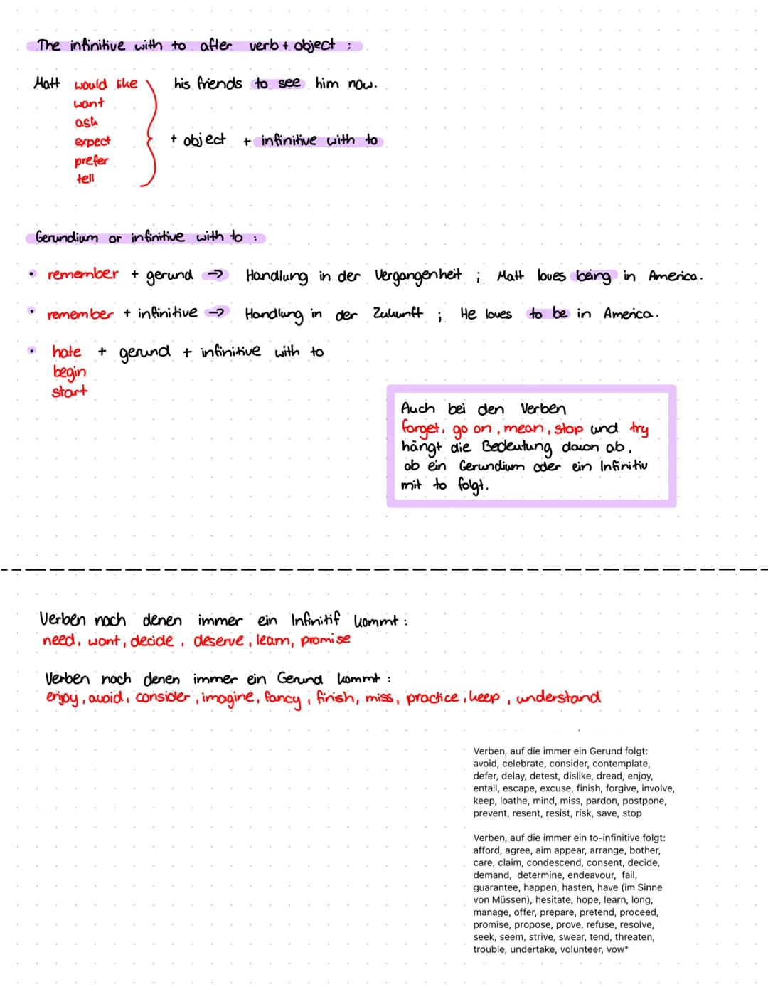 How to form:
infinitive +
ing
When to use:
als Subjekt
-> Living on the
22nd floor is amazing.
als Objekt nach Verben wie love ; enjoy; hate