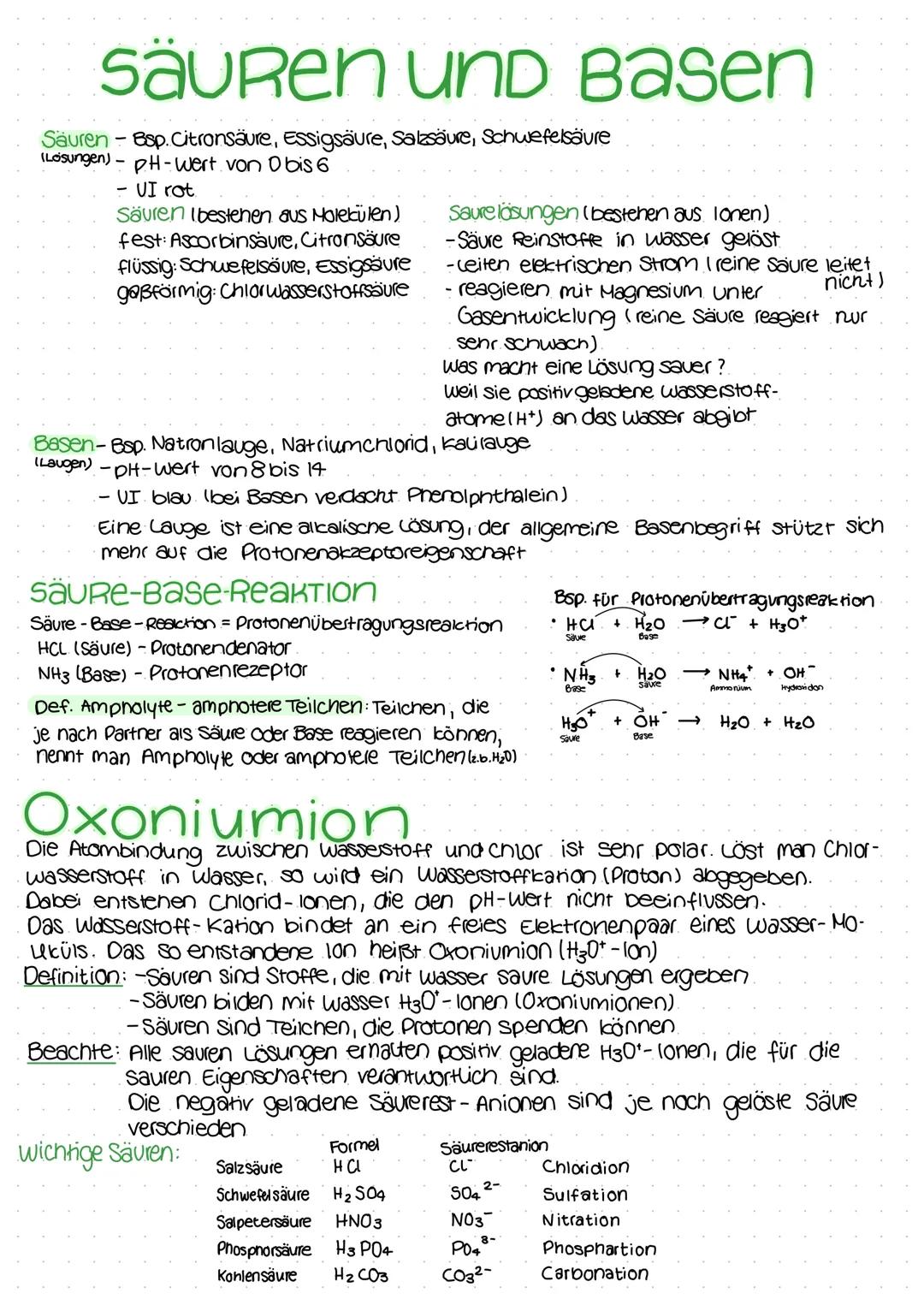 säuren und Basen
Sauren-8sp. Citronsäure, Essigsäure, Salzsäure, Schwefelsäure
(Lösungen) - PH-Wert von 0 bis 6
UI rot
Säuren bestehen aus M