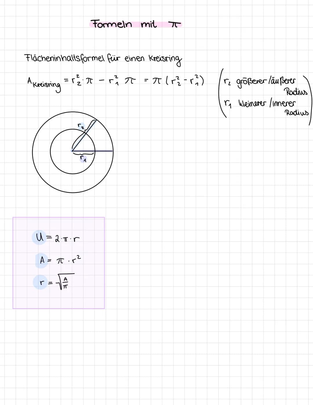 A Kreisring
Flacheninhaltsformel für einen Kreisring
=Zग -2 र
Formeln mit
(क)
u = an-r
A = R.F2
=
A
πT
ग
= T (r2-12)
12 groBener law Beres
r