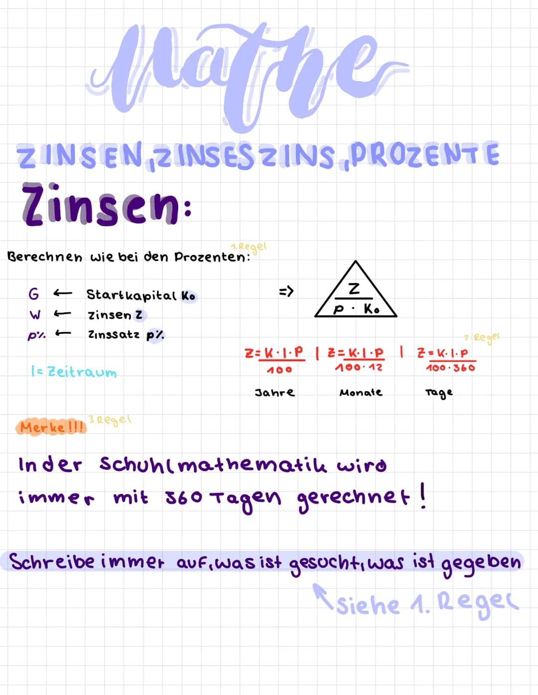 Mathe
ZINSEN ZINSESZINS PROZENTE
Zinsen:
1. Regel
Berechnen wie bei den Prozenten:
G
W
p%.
Startkapital Ko
zinsen Z
Zinssatz p%.
1= Zeitraum