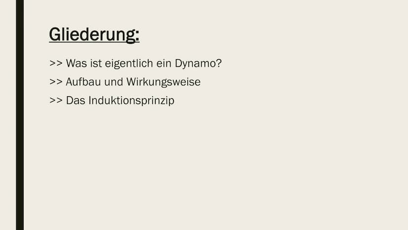 FAHRRADDYNAMO Gliederung:
>> Was ist eigentlich ein Dynamo?
>> Aufbau und Wirkungsweise
>> Das Induktionsprinzip Was ist eigentlich ein Dyna