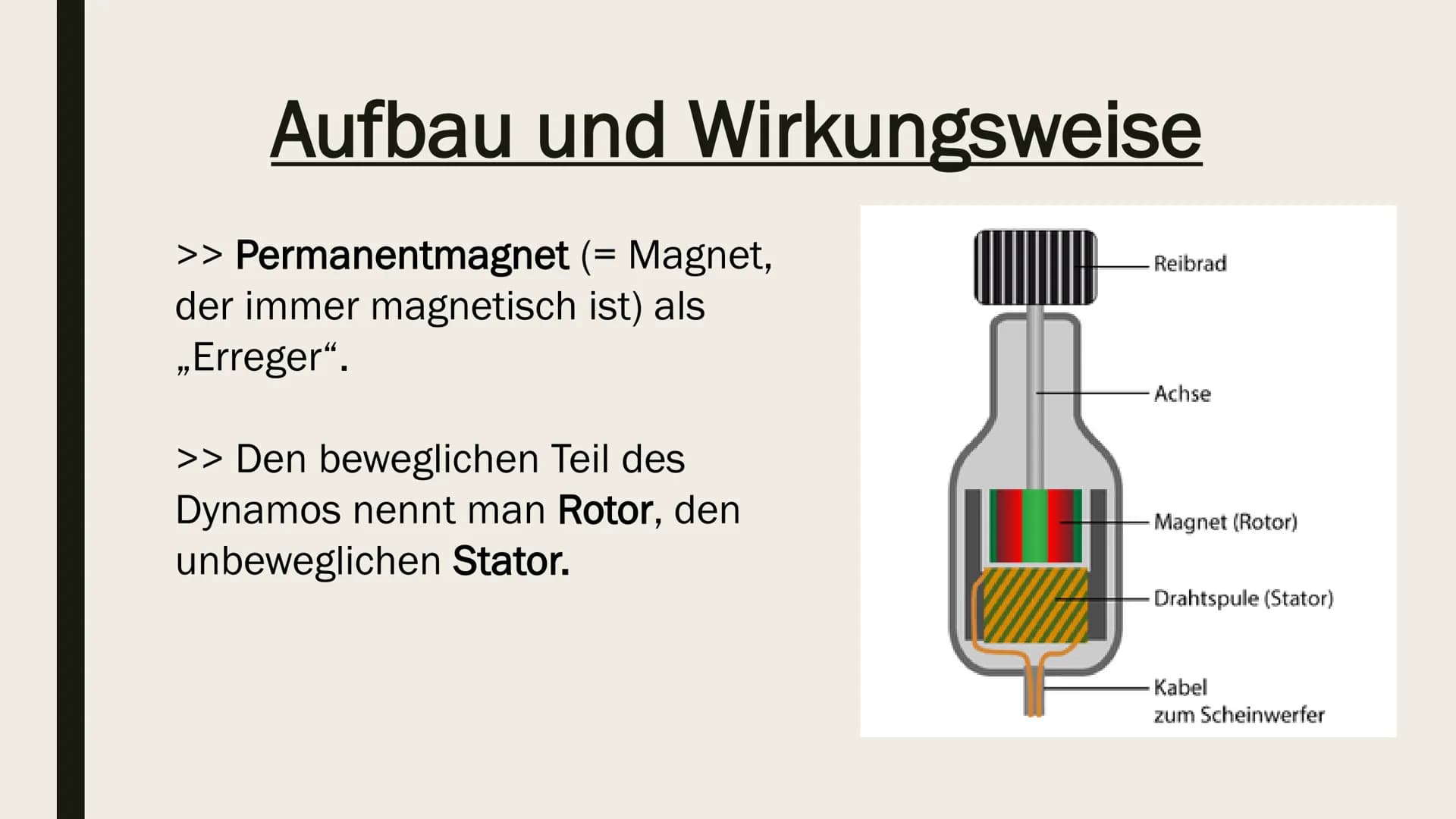 FAHRRADDYNAMO Gliederung:
>> Was ist eigentlich ein Dynamo?
>> Aufbau und Wirkungsweise
>> Das Induktionsprinzip Was ist eigentlich ein Dyna