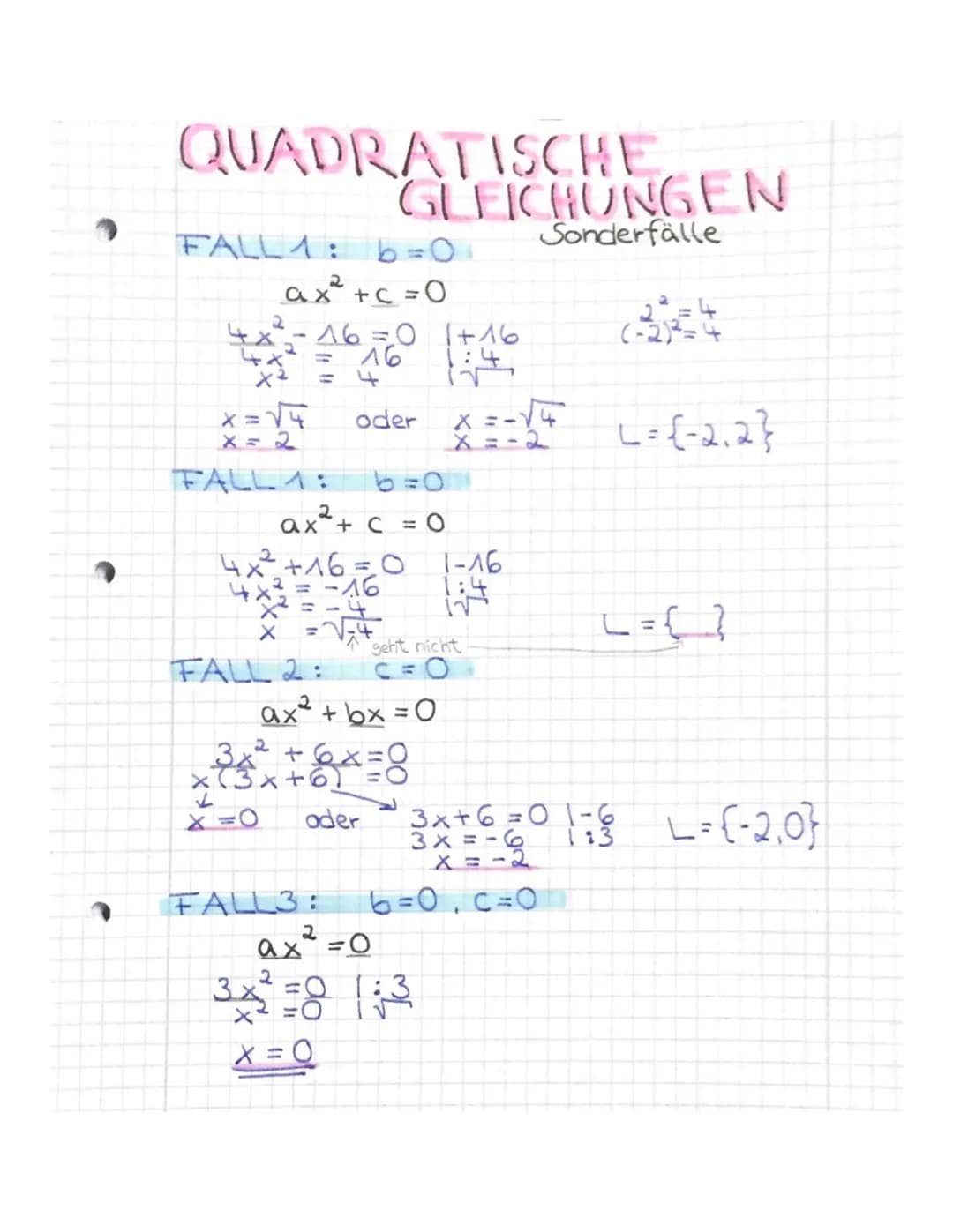 QUADRATISCHE
FALL1: b =0
2
ax² + c = 0
·X
42
x²
16=0 +16
16
x = 2
FALL 1: 1=0
ax² + c = 0
4x²² +16=0
4x
-16
FALL 2:
GLEICHUNGEN
Sonderfälle
