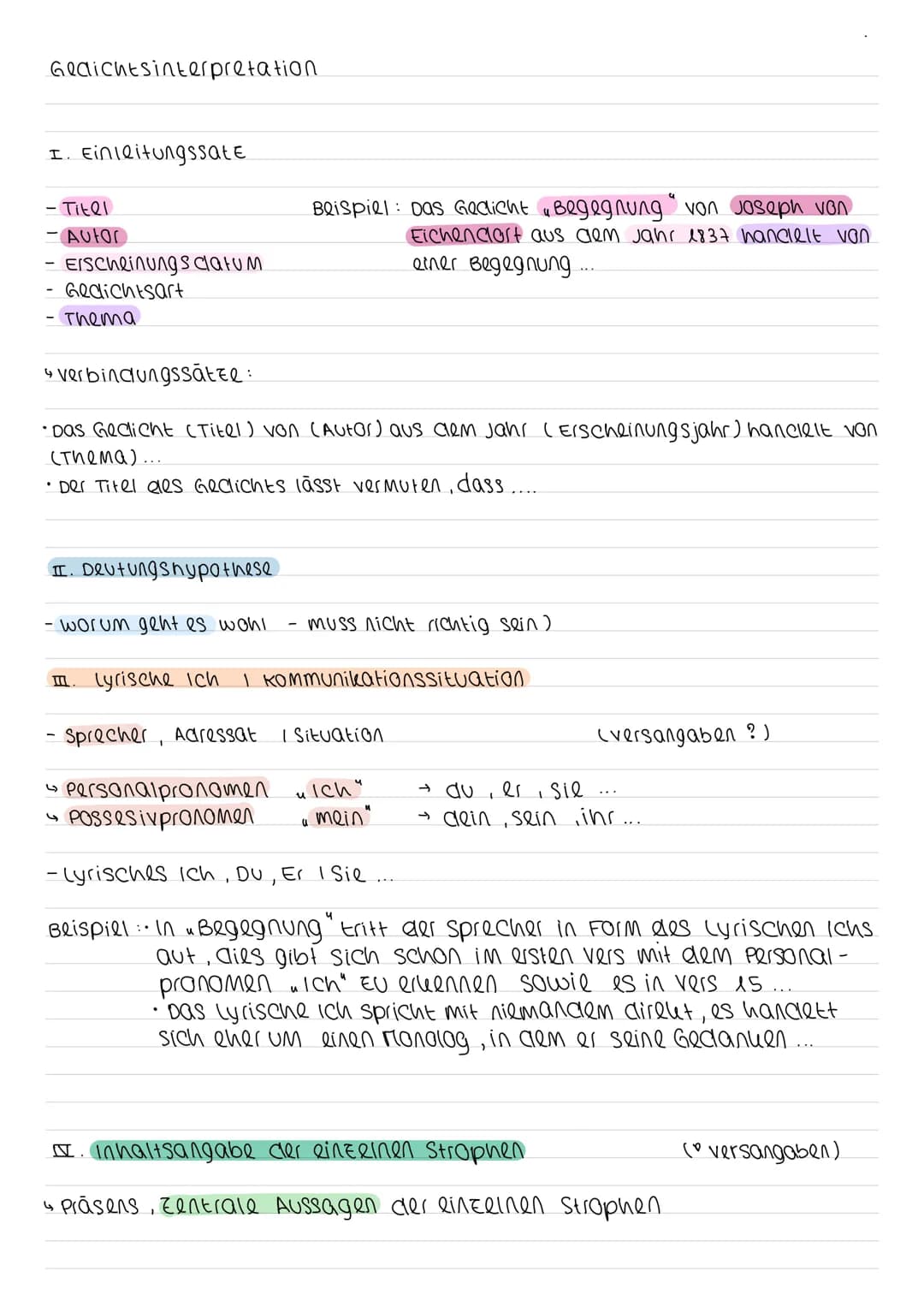 Gedichtsinterpretation.
I. Einleitungssate
- Titel
- Autor
Erscheinungs Clatum
Gedichtsart
-
• Thema
II. Deutungshypothese.
verbindungssätze