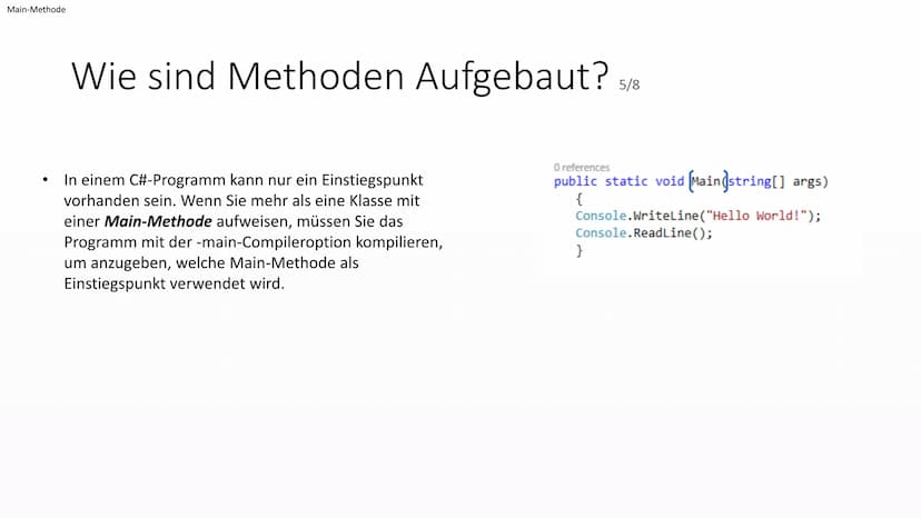 </>
Aufbau von
Methoden
Von EasyInformatics Agenda
●
●
●
Was sind Methoden?
Wie sehen Methoden aus?
Wie sind Methoden Aufgebaut? Was sind Me