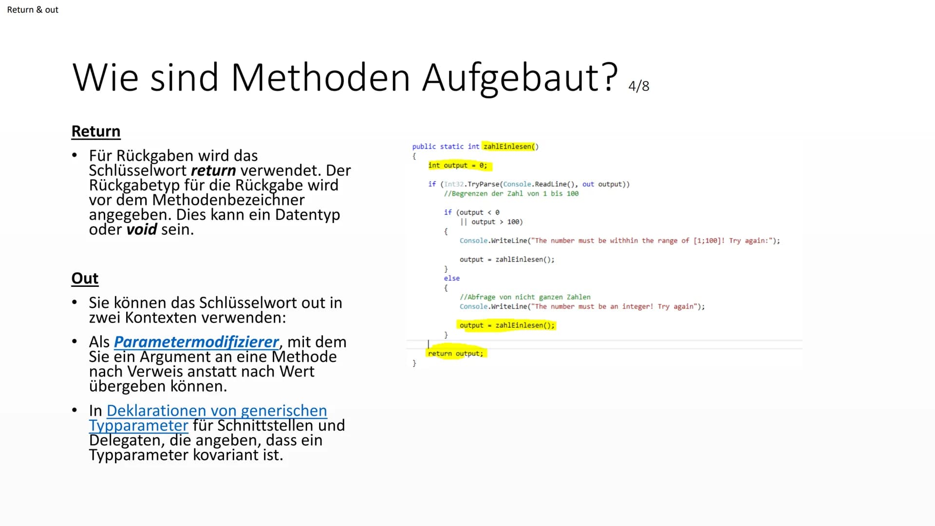 </>
Aufbau von
Methoden
Von EasyInformatics Agenda
●
●
●
Was sind Methoden?
Wie sehen Methoden aus?
Wie sind Methoden Aufgebaut? Was sind Me