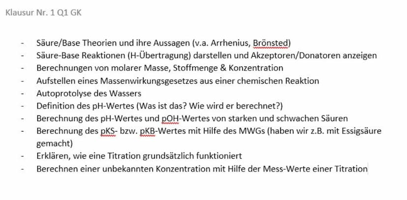 
<p>Die Klausur Nr. 1 Q1 GK beinhaltet mehrere Themen, darunter die Säure/Base Theorien und ihre Aussagen, insbesondere von Arrhenius und Br