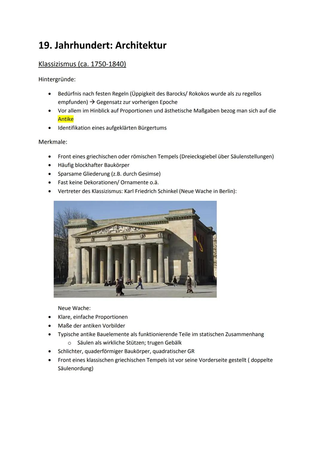 19. Jahrhundert: Architektur
Klassizismus (ca. 1750-1840)
Hintergründe:
Bedürfnis nach festen Regeln (Üppigkeit des Barocks/ Rokokos wurde a