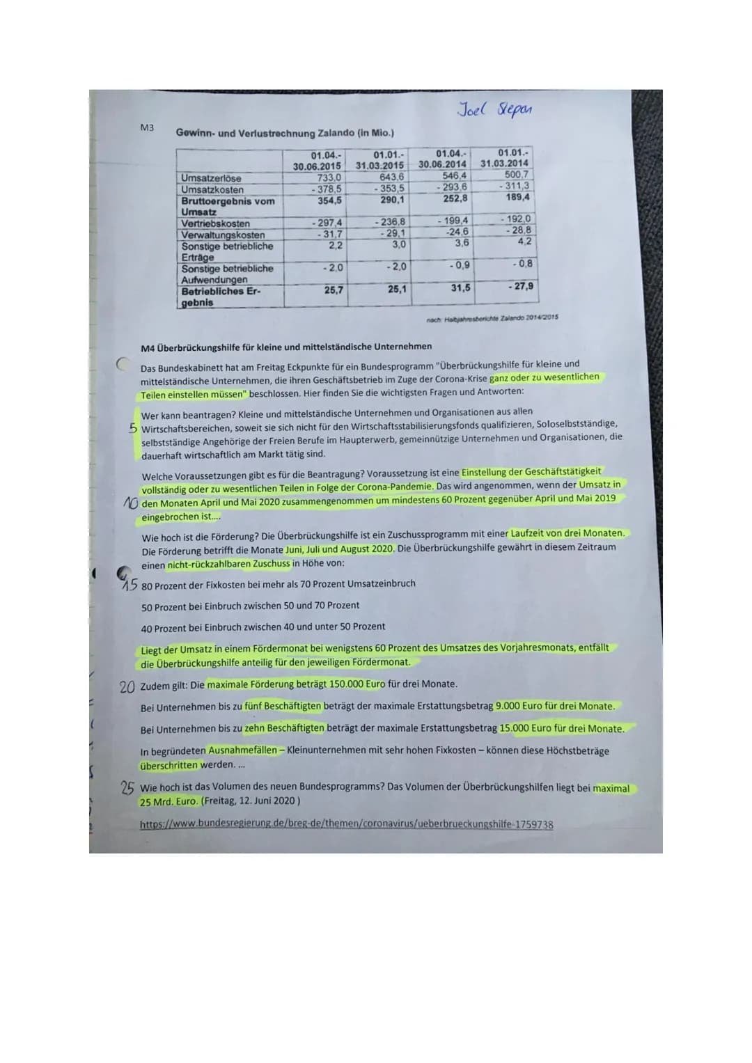 (12)
Wirtschaft Neigungskurs 12/1
Name: Joel Stepan
1. Der Online-Versandhändler Zalando gilt als einer der Profiteure der Coronakrise. Aber