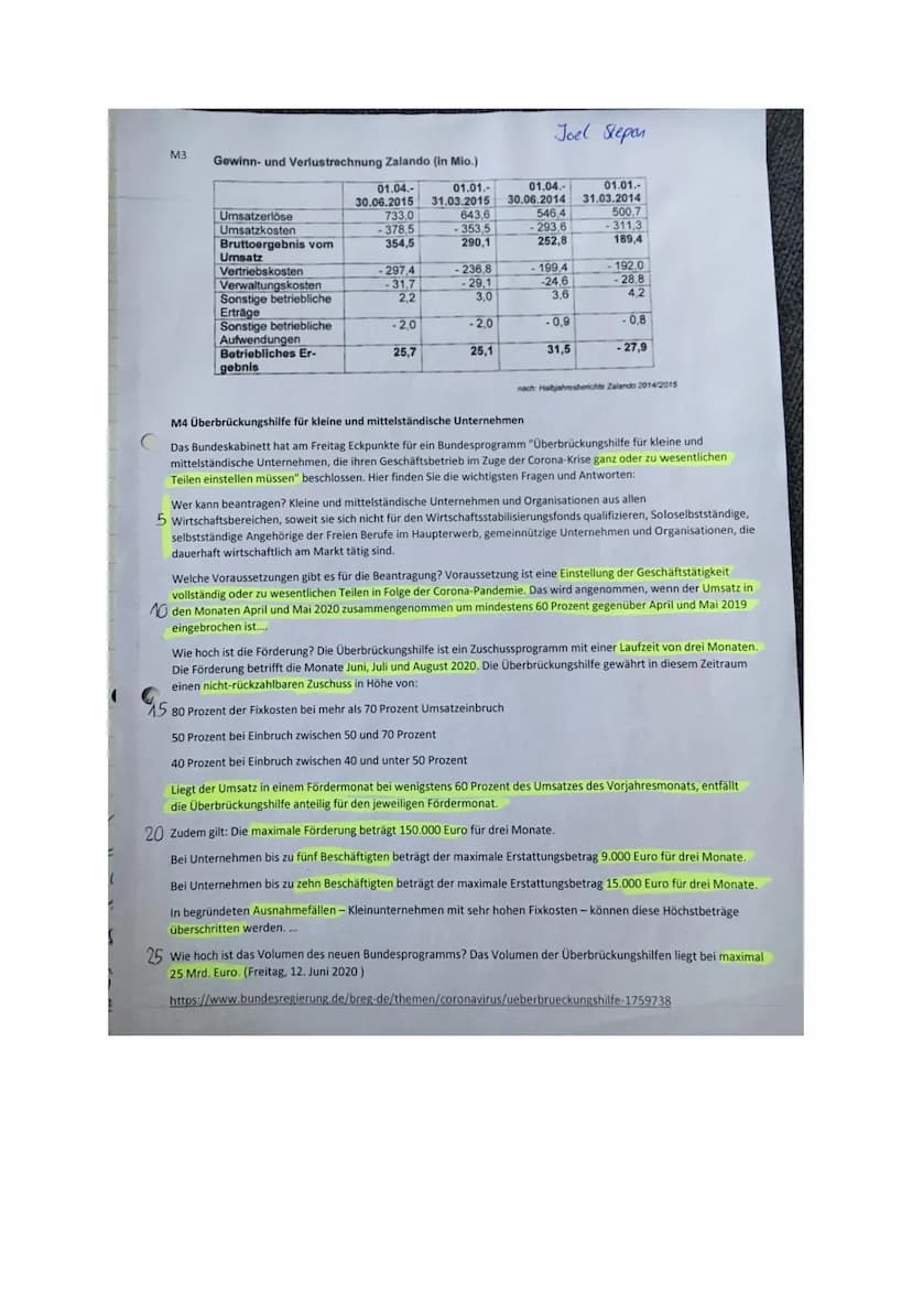 (12)
Wirtschaft Neigungskurs 12/1
Name: Joel Stepan
1. Der Online-Versandhändler Zalando gilt als einer der Profiteure der Coronakrise. Aber
