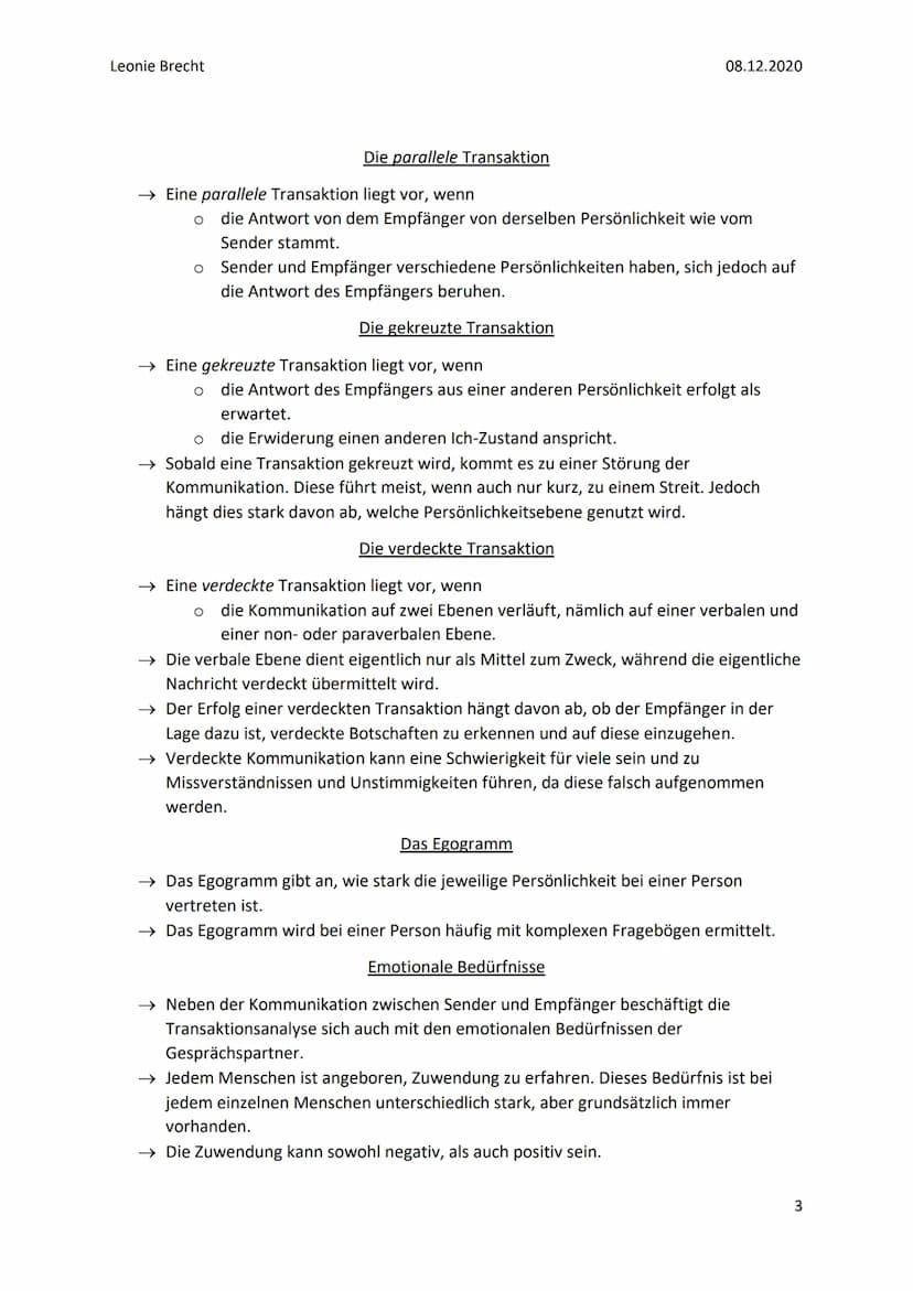Leonie Brecht
TRANSAKTIONSANALYSE
Kurze Zusammenfassung
→ Die Transaktionsanalyse wurde im Jahr 1960 von Eric Berne entwickelt.
→ Sie wurde 
