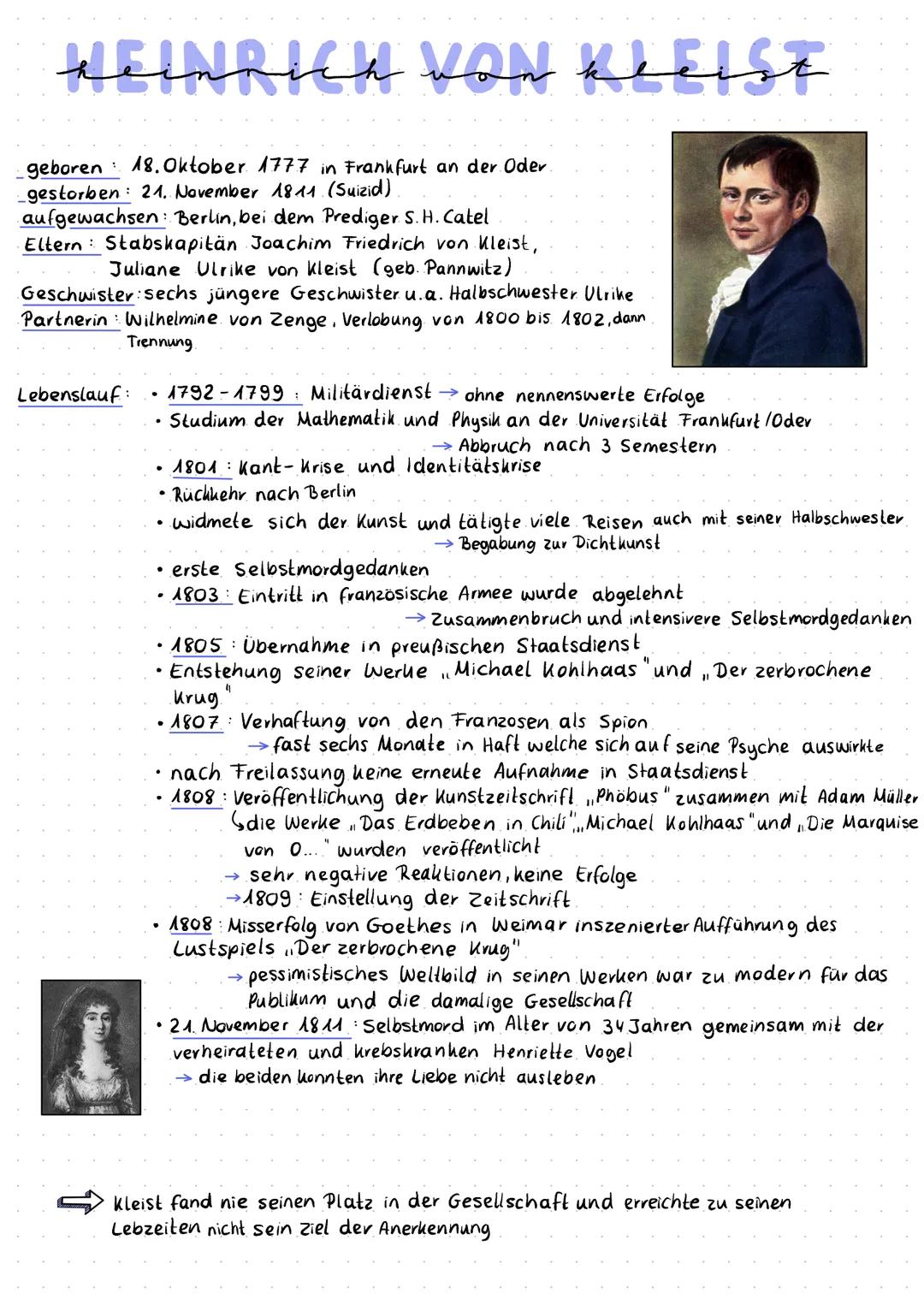 # HEINRICH VON KLEIST

geboren 18. Oktober 1777 in Frankfurt an der Oder
gestorben: 21. November 1811 (Suizid)
aufgewachsen: Berlin, bei dem