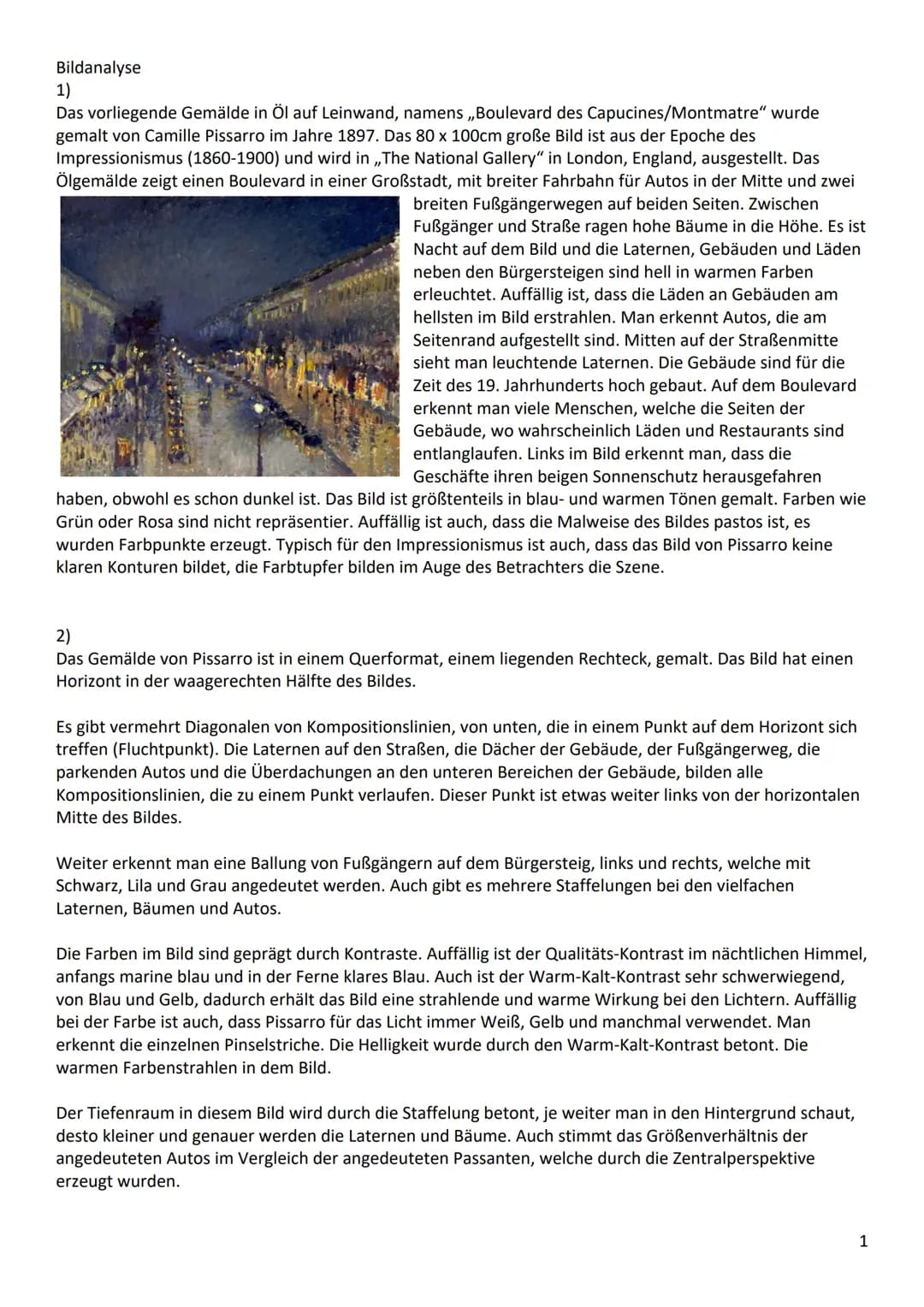 Bildanalyse
1)
Das vorliegende Gemälde in Öl auf Leinwand, namens ,,Boulevard des Capucines/Montmatre" wurde
gemalt von Camille Pissarro im 