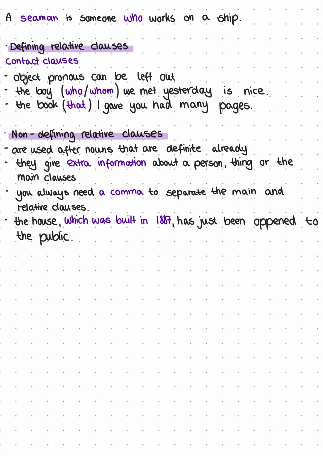 # Relativ Clauses

- why use relativ clauses?
- they are used when you want to describe something/
someone more precise, but do not want to 