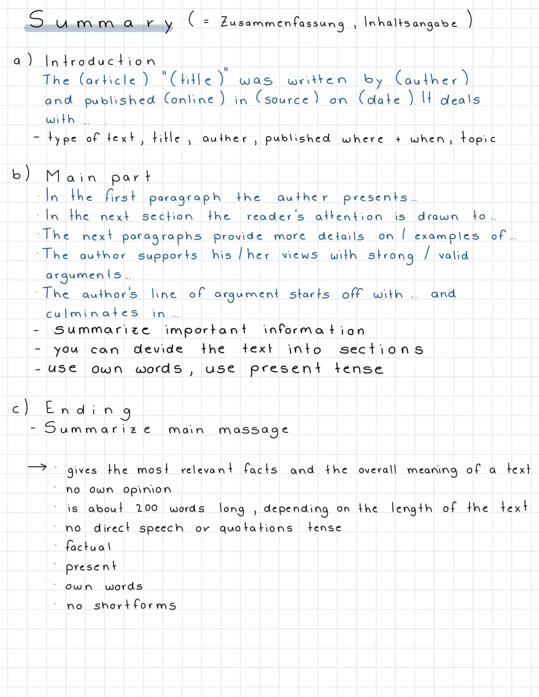 Summary ( = Zusammenfassung, Inhaltsangabe)
a) Introduction
The (article) "(title)" was written by (auther)
and published (online) in (sourc