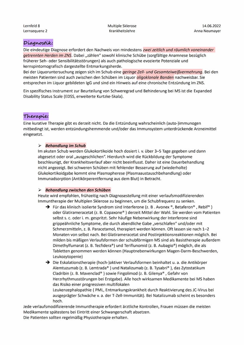 Definition.
Multiple Sklerose (MS, Enzephalomyelitis disseminata, ED): chronisch-entzündliche Autoimmunerkrankung
des zentralen Nervensystem