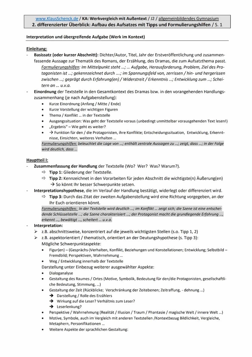 www.KlausSchenck.de/KA: Werkvergleich mit Außentext/J2 / allgemeinbildendes Gymnasium
1. Erläuterung der Aufgabenstellung / Gesamtüberblick: