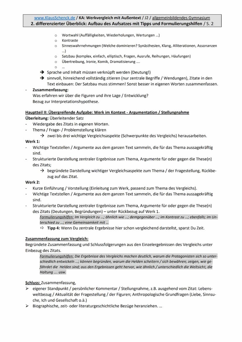 www.KlausSchenck.de/KA: Werkvergleich mit Außentext/J2 / allgemeinbildendes Gymnasium
1. Erläuterung der Aufgabenstellung / Gesamtüberblick: