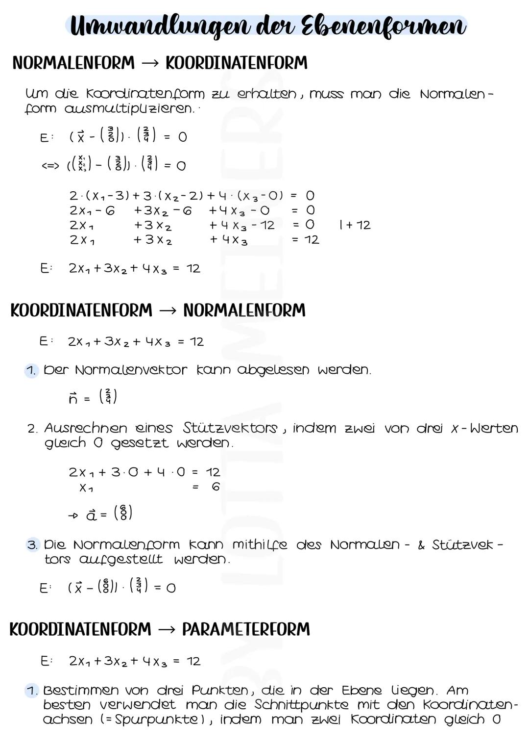 # Ebenen

EBENEN IM KOORDINATENSYSTEM

$x_2 x_3$ - Ebene

$x_1 x_3$- Ebene

$x_1 x_2$-Ebene

PARAMETERFORM

freie Parameter

E: $\vec{x} = \