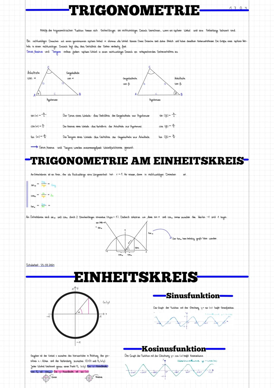 Ankathete
von a
Mithilfe der trigonometrischen Funktion lassen sich Seitenlängen am rechtwinkligen Dreieck berechnen, wenn ein spitzer Winke