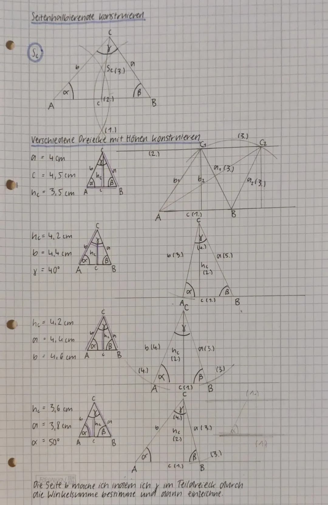 •
C
(
C
Dreieckskonstruktionen
SSS
WSW
C = 5cm
30°
50° A
C
a =
B
4 cm
3 cm
5.cm
= 5cm
=
B
Falls der Winkel an einer Seite
nicht anliegt: Win