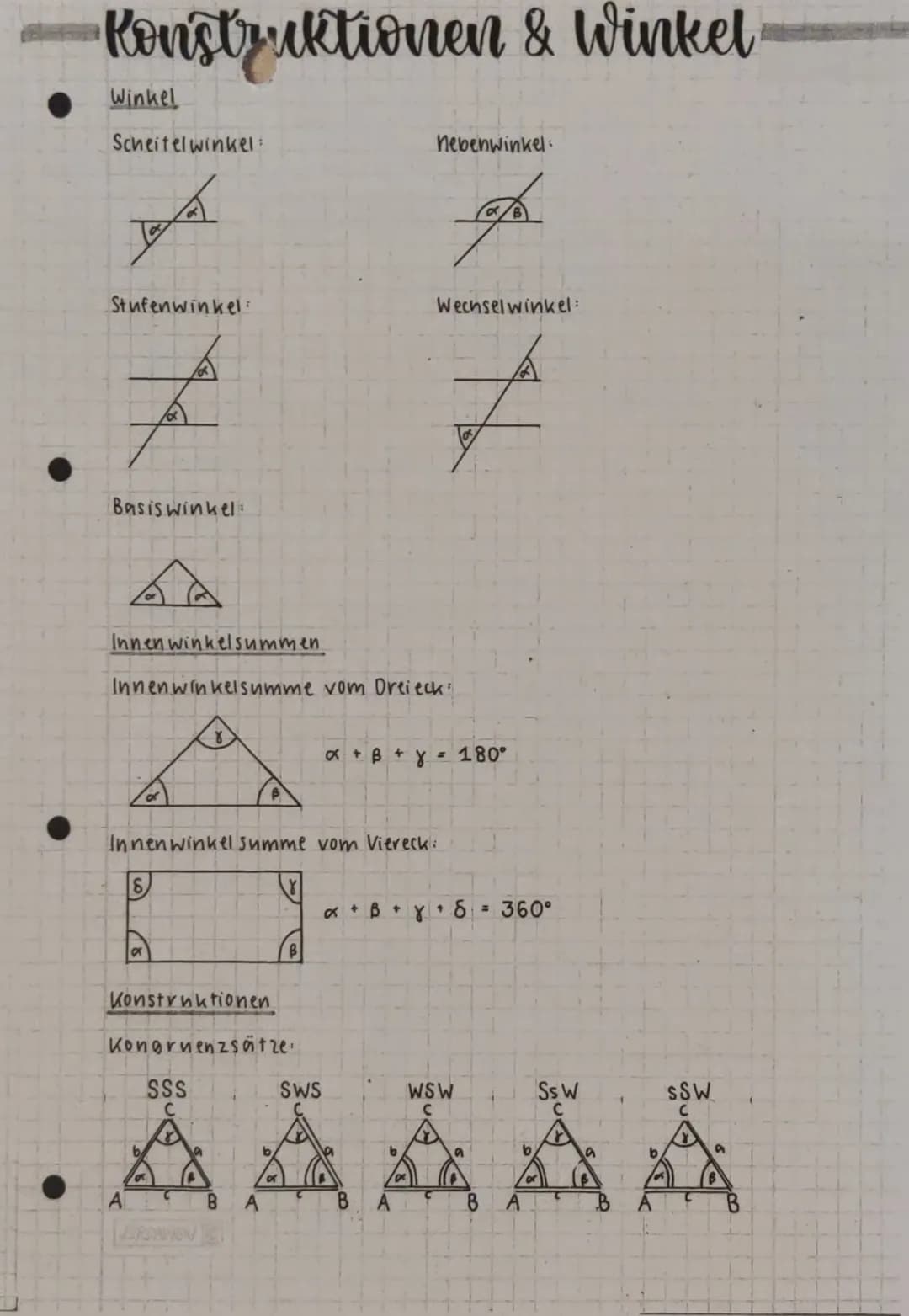 •
C
(
C
Dreieckskonstruktionen
SSS
WSW
C = 5cm
30°
50° A
C
a =
B
4 cm
3 cm
5.cm
= 5cm
=
B
Falls der Winkel an einer Seite
nicht anliegt: Win