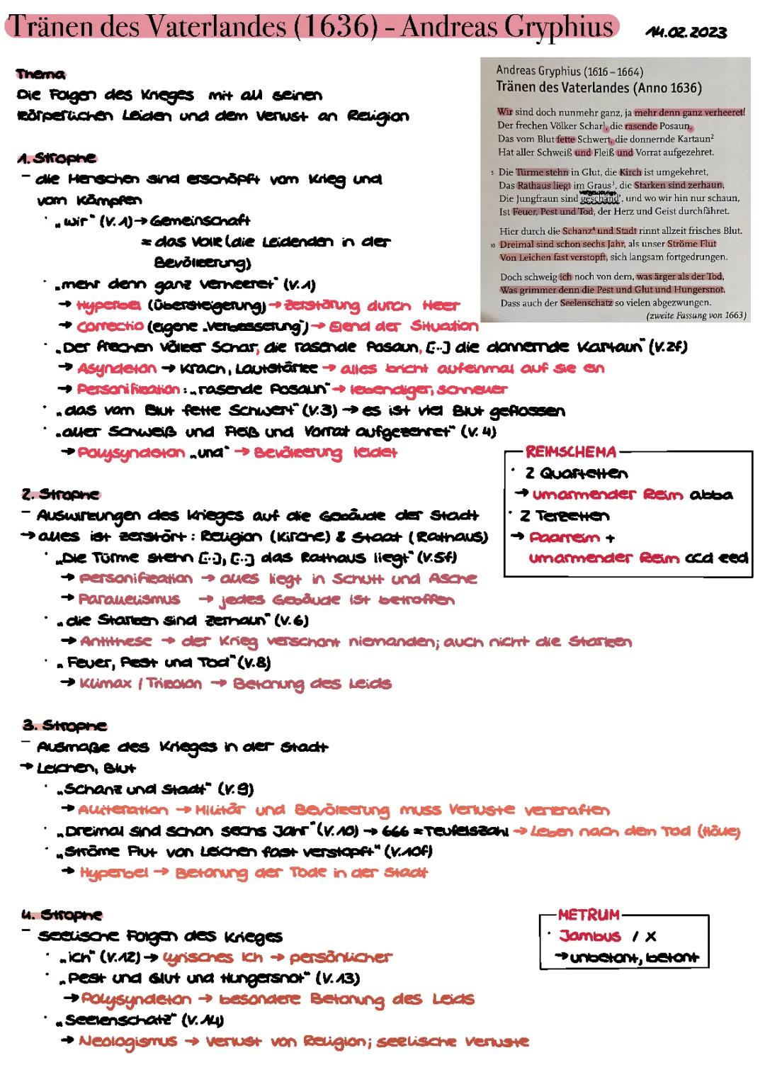 Analyse von Tränen des Vaterlandes (1636) - Andreas Gryphius