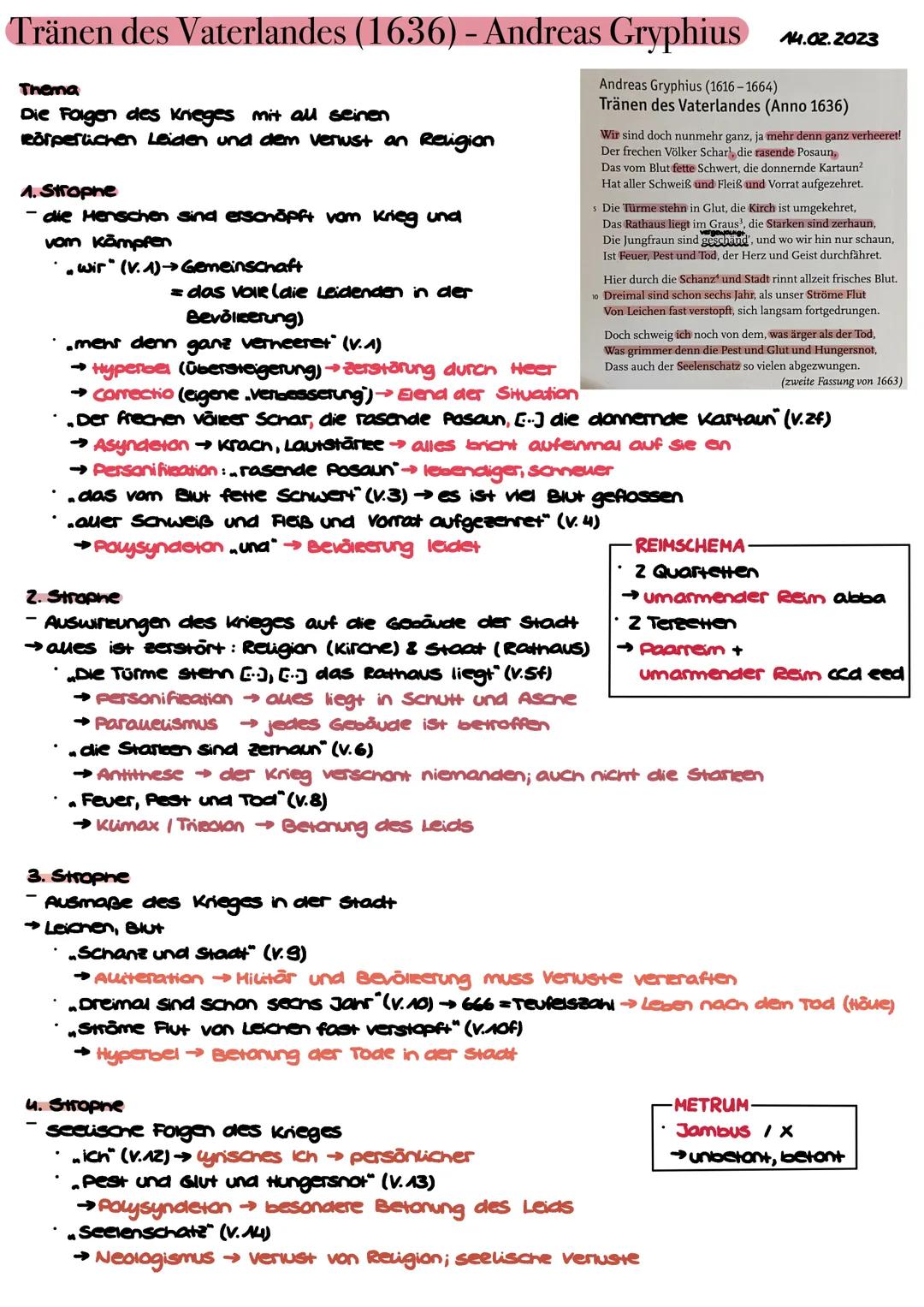 Tränen des Vaterlandes (1636) - Andreas Gryphius 14.02.2023
Andreas Gryphius (1616-1664)
Tränen des Vaterlandes (Anno 1636)
Thema
Die Folgen