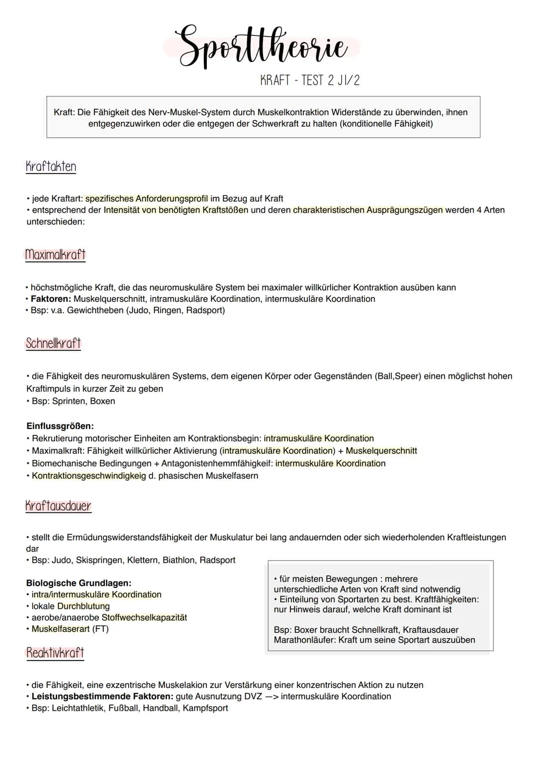 Kraft: Die Fähigkeit des Nerv-Muskel-System durch Muskelkontraktion Widerstände zu überwinden, ihnen
entgegenzuwirken oder die entgegen der 