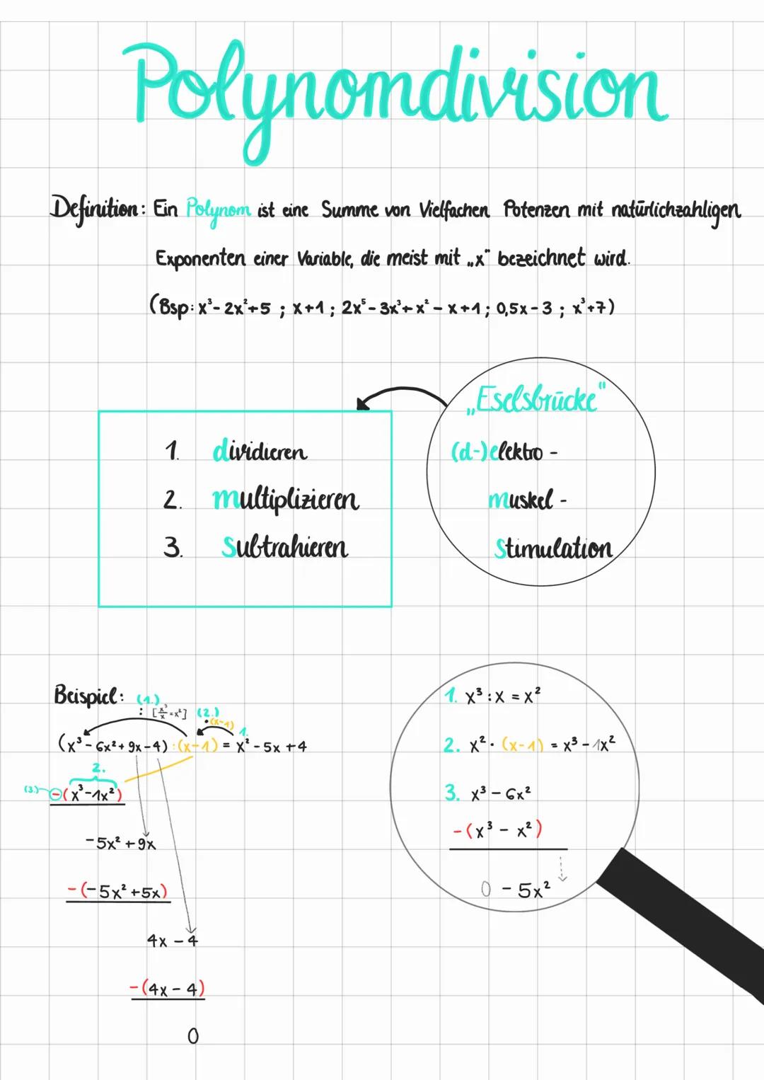 # Polynomdivision

Definition: Ein Polynom ist eine Summe von Vielfachen Potenzen mit natürlichzahligen
Exponenten einer Variable, die meist