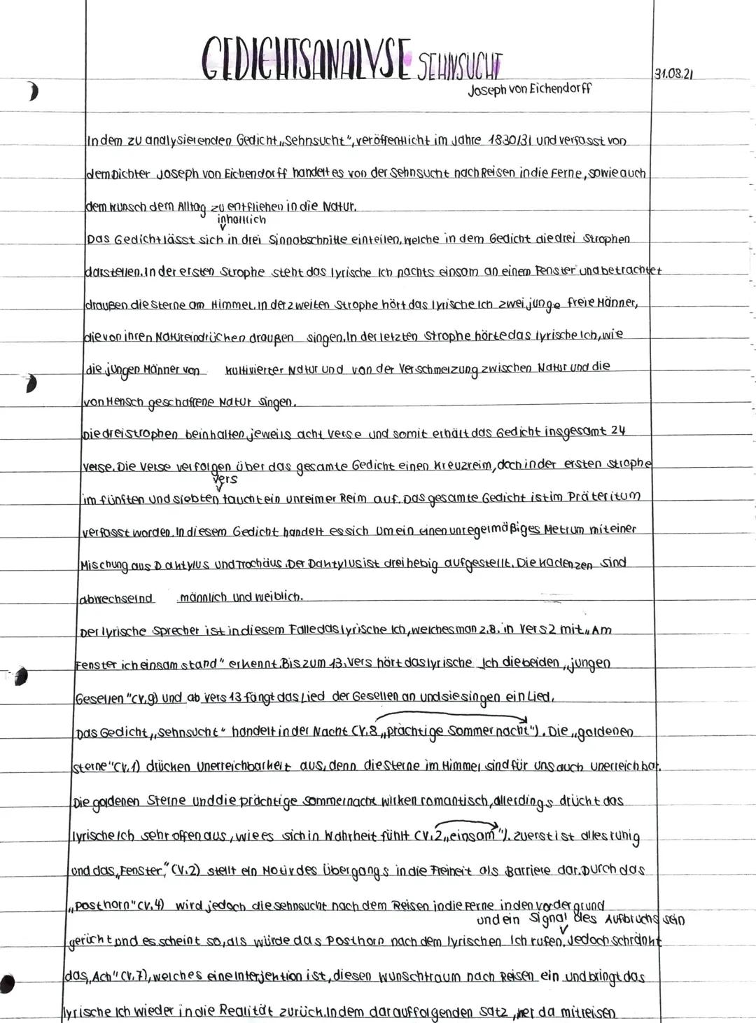 )
GEDICHTSANALYSE SEHNSUCHTE
Joseph von Eichendorff
31.08.21
In dem zu analysierenden Gedicht, Sehnsucht", veröffentlicht im Jahre 1830/31 u
