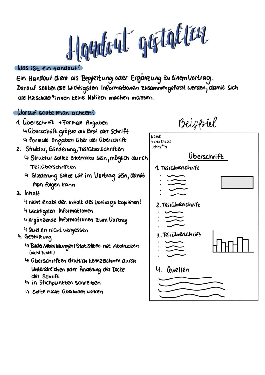 Handout gestalten
Was ist ein Handout?
Ein Handout dient als Begleitung oder Ergänzung zu einem Vortrag.
Darauf sollten die wichtigsten Info