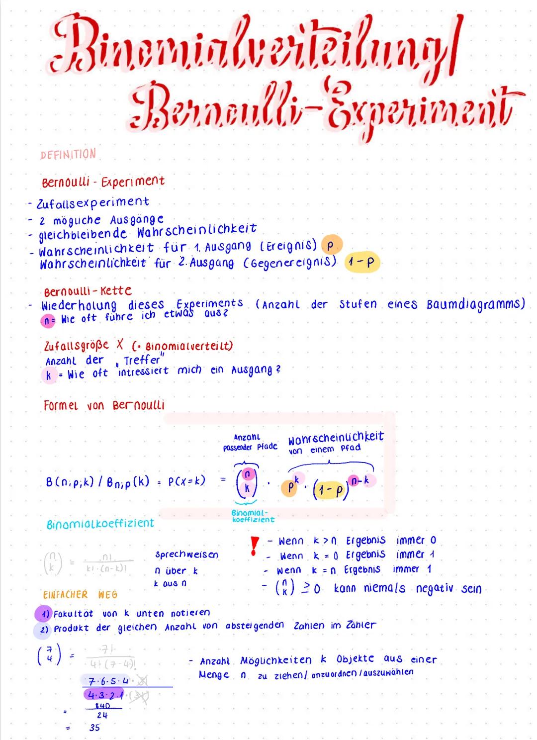 Binomialverteilung/
Bernoulli-Experiment
DEFINITION
Bernoulli- Experiment
- Zufallsexperiment
- 2 mögliche Ausgänge
- gleichbleibende Wahrsc