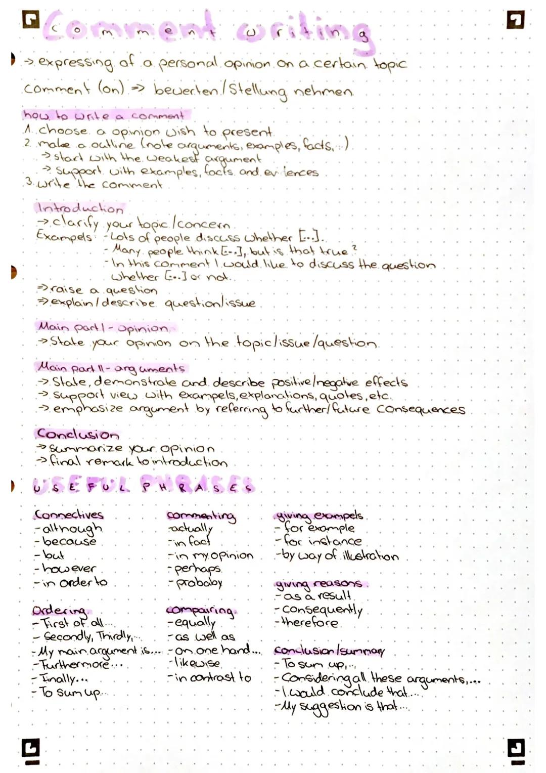 # Comment writing

→ expressing of a personal opinion on a certain topic

Comment (on) bewerten / Stellung nehmen.

how to write a comment

