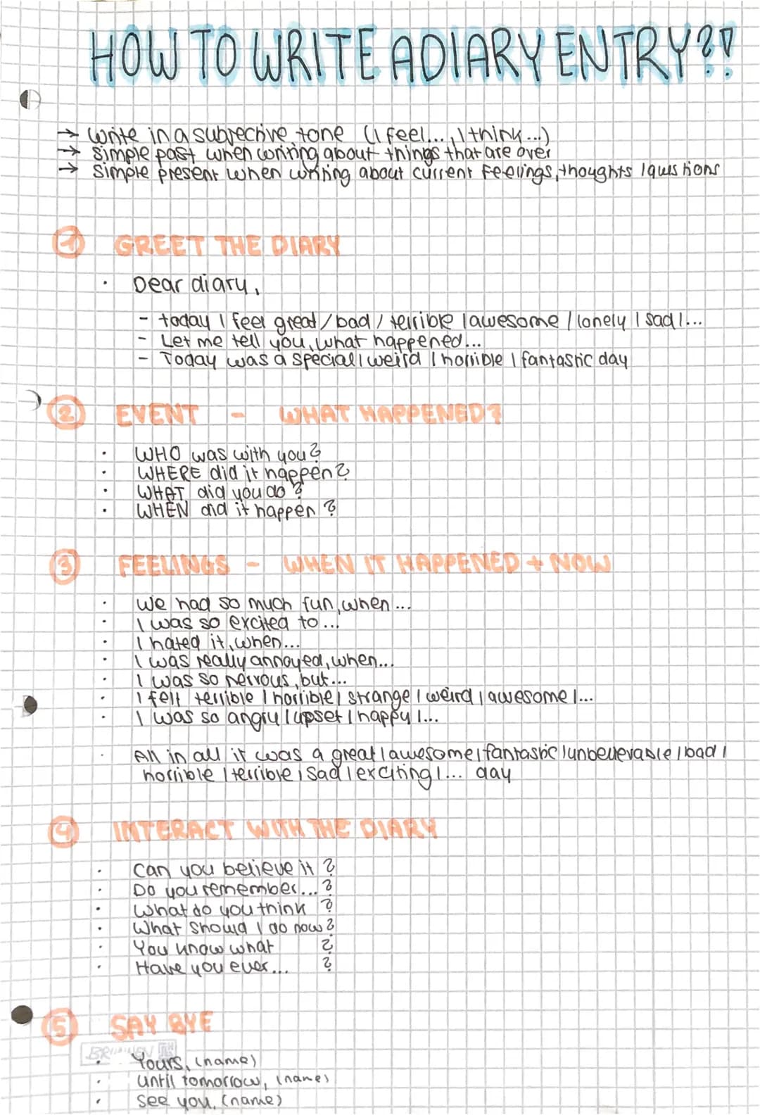 HOW TO WRITE ADIARY ENTRY?!
→ write in a subjective tone (I feel..., I think...)
→ simple past when writing about things that are over
→ sim