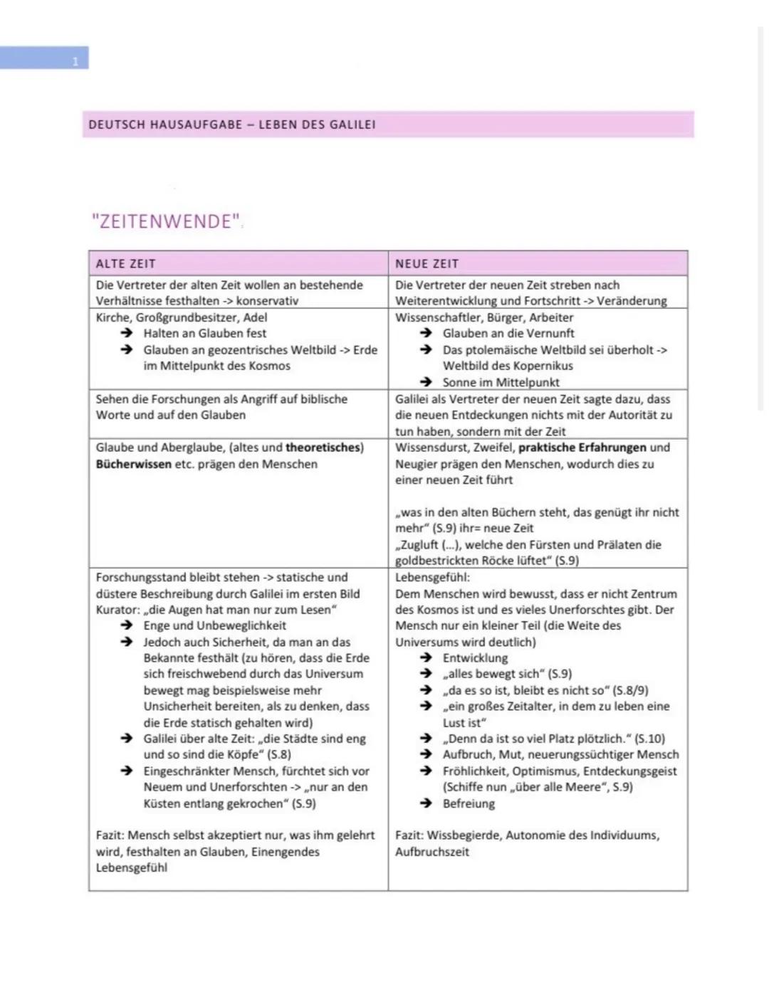 DEUTSCH HAUSAUFGABE LEBEN DES GALILEI

"ZEITENWENDE"

ALTE ZEIT
Die Vertreter der alten Zeit wollen an bestehende
Verhältnisse festhalten ->