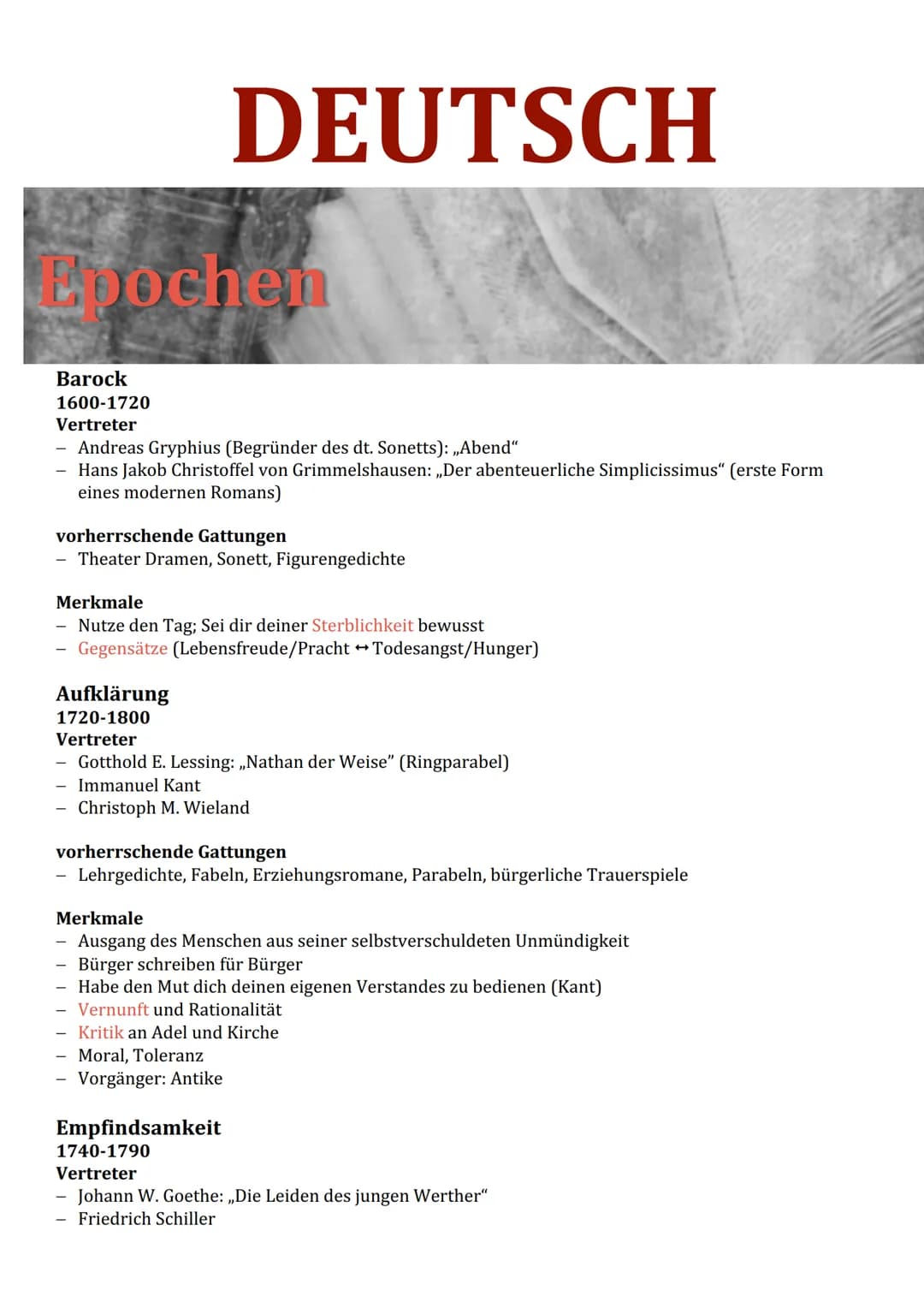 Epochen
Barock
1600-1720
Vertreter
DEUTSCH
Andreas Gryphius (Begründer des dt. Sonetts): ,,Abend"
Hans Jakob Christoffel von Grimmelshausen: