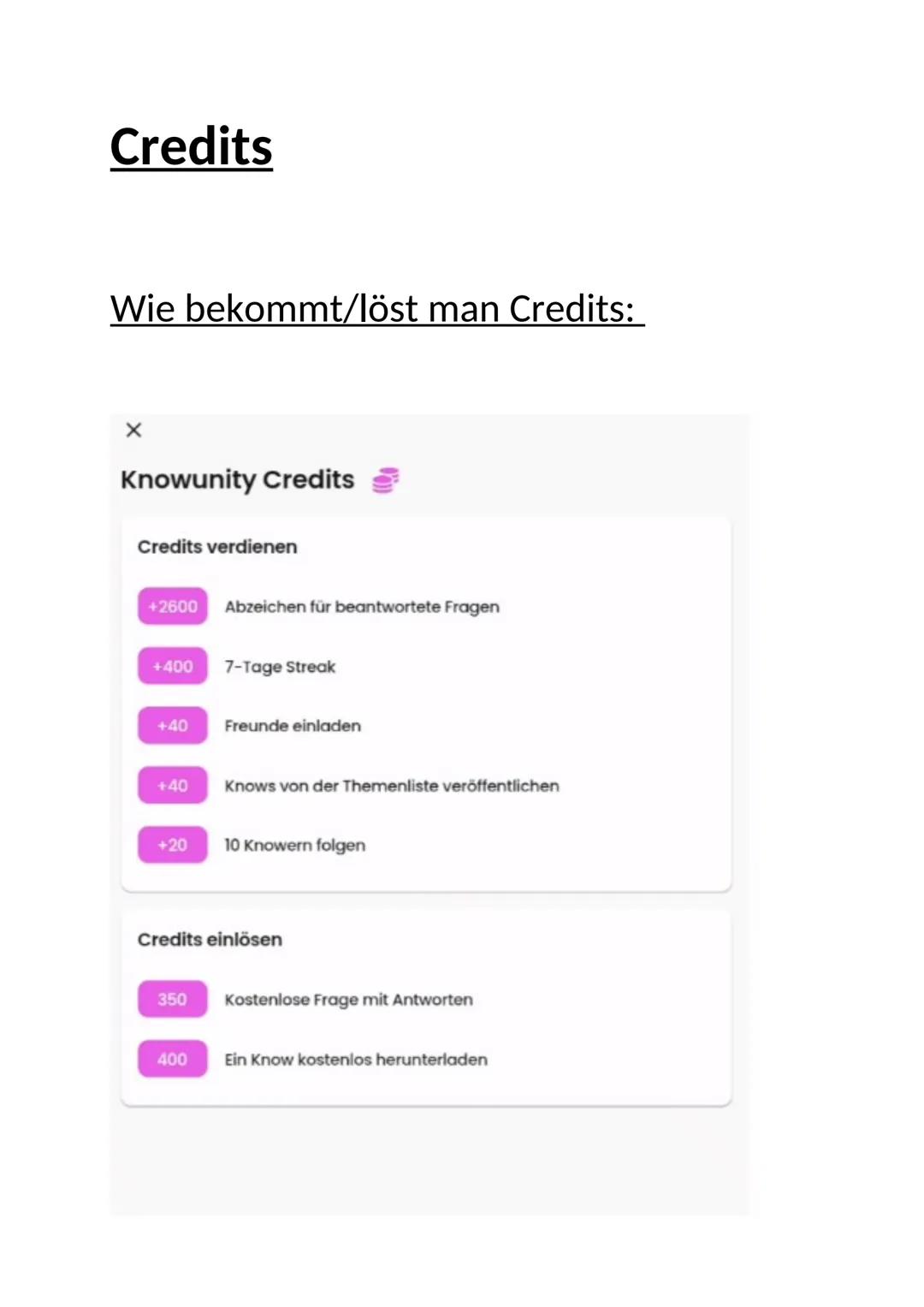 Credits
Wie bekommt/löst man Credits:
Knowunity Credits
Credits verdienen
+2600 Abzeichen für beantwortete Fragen
+400 7-Tage Streak
+40
+40