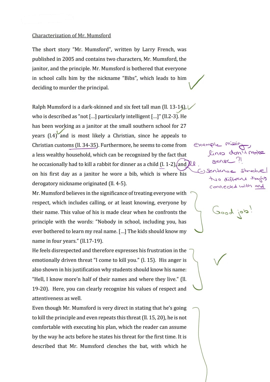 Characterization of Mr. Mumsford
The short story "Mr. Mumsford", written by Larry French, was
published in 2005 and contains two characters,