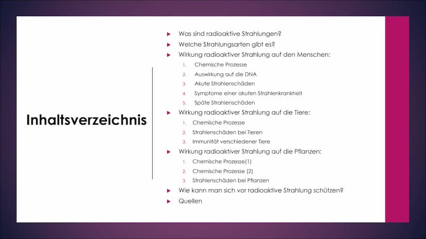 Radioaktive
Strahlung
AUSWIRKUNGEN AUF MENSCHEN, TIERE UND
PFLANZEN Inhaltsverzeichnis
Was sind radioaktive Strahlungen?
Welche Strahlungsar