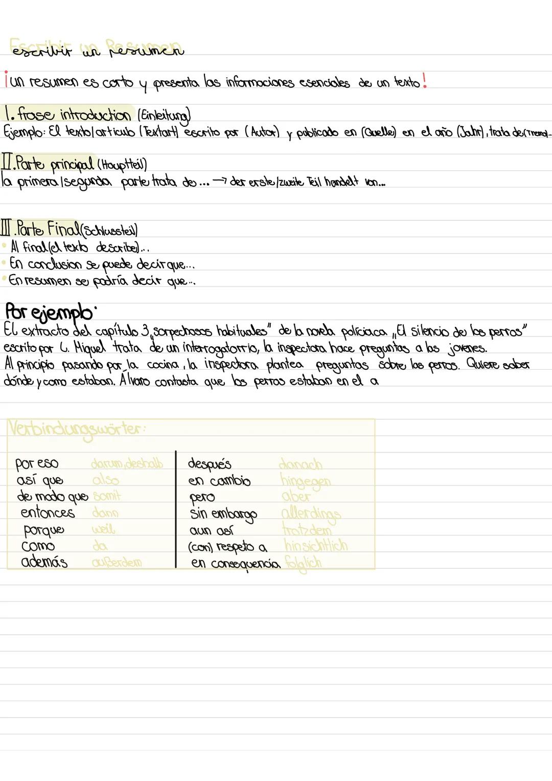 # escribir un resumen

iun resumen es corto y presenta las informaciones esenciales de un texto!

1. frase introduction (Einleitung)
Ejemplo