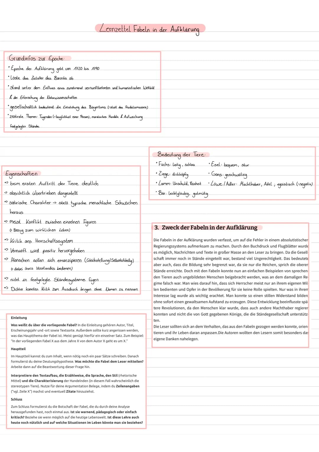 Lernzettel Fabeln in der Aufklärung
Grundinfos zur Epoche:
• Epoche der Aufklärung geht von 1720 bis 1790
Löste das Zeitalter des Barocks ab