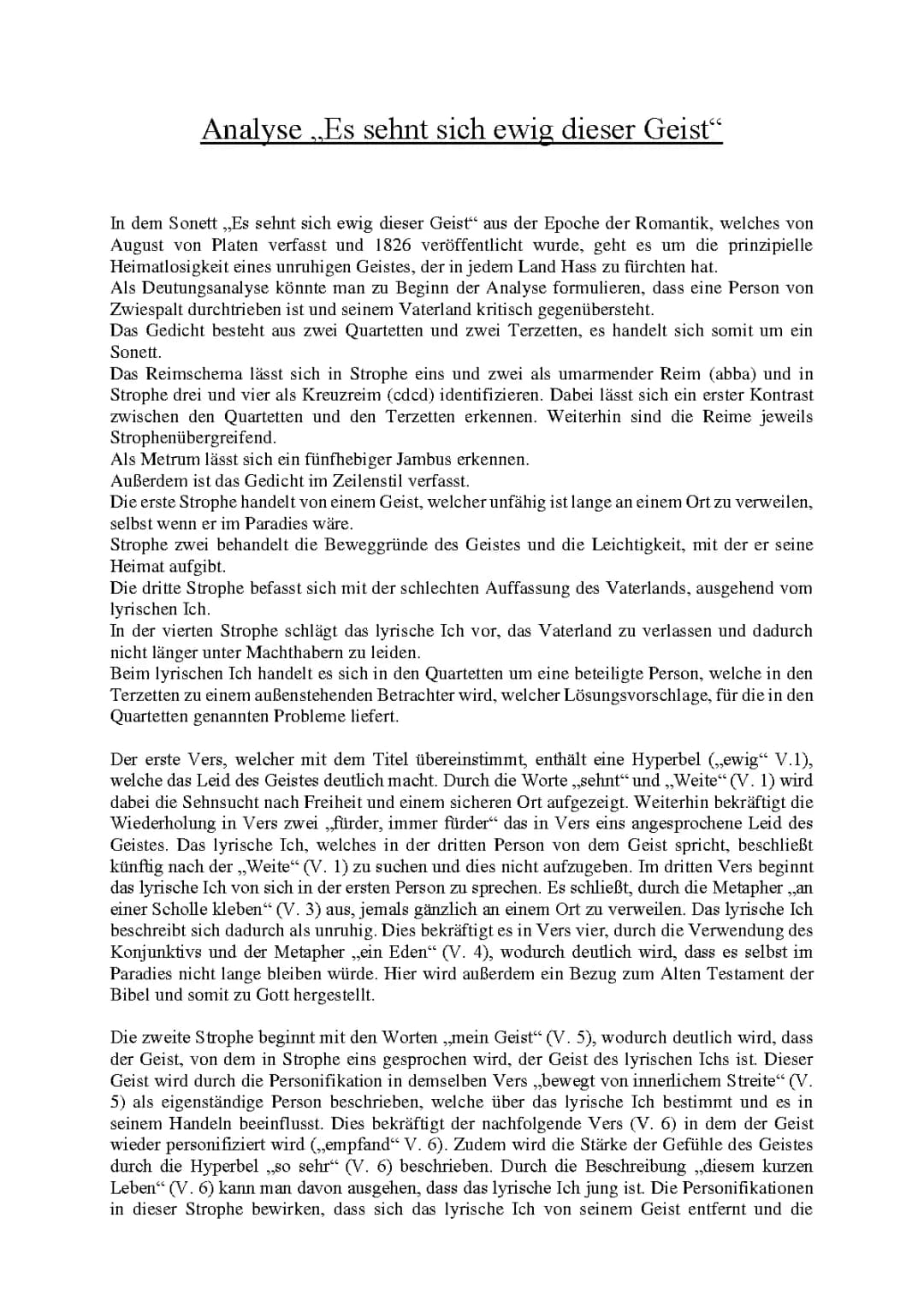 Analyse "Es sehnt sich ewig dieser Geist"