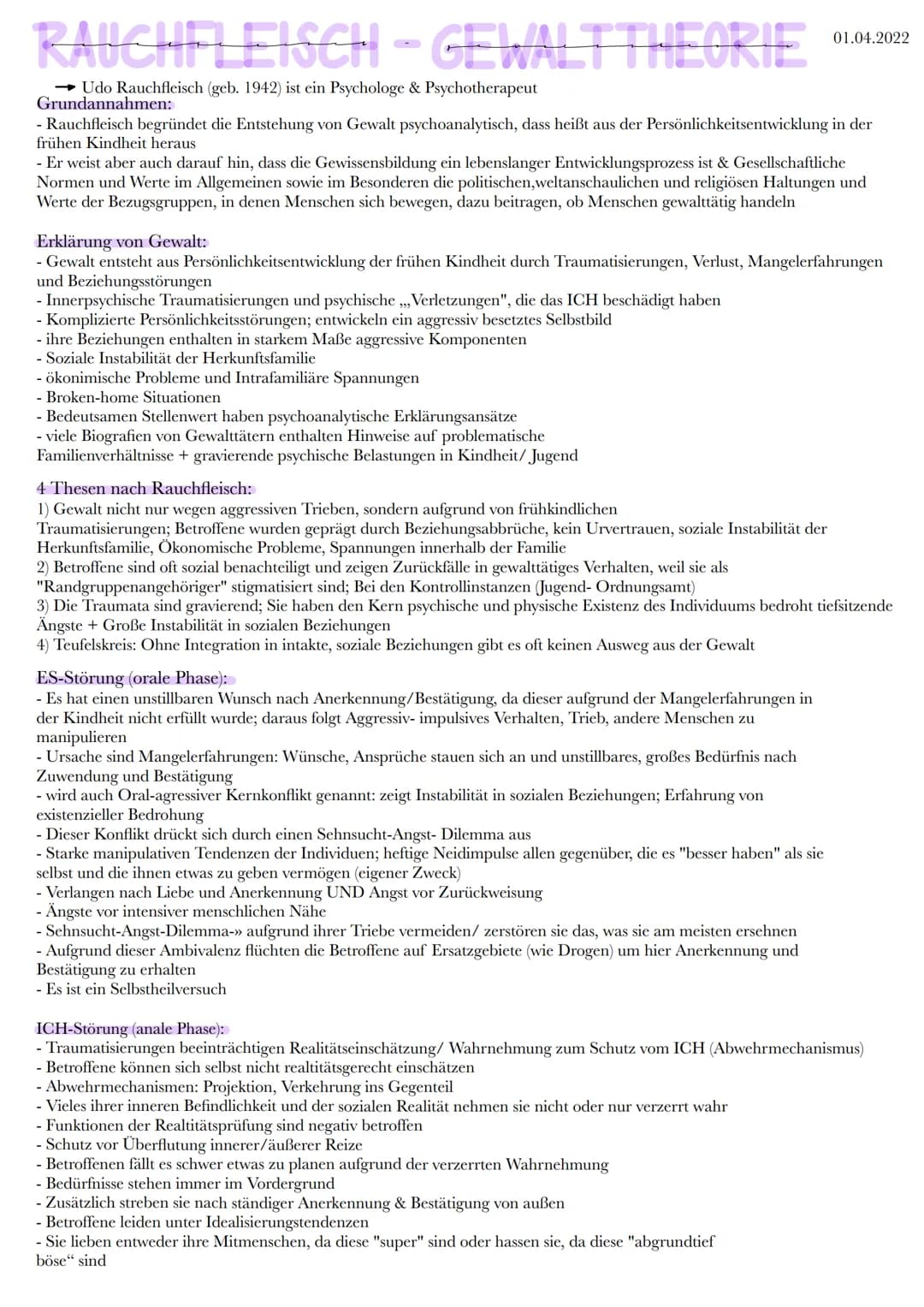 RAUCHFLEISCH - GEWALT THEORIE
→ Udo Rauchfleisch (geb. 1942) ist ein Psychologe & Psychotherapeut
Grundannahmen:
- Rauchfleisch begründet di