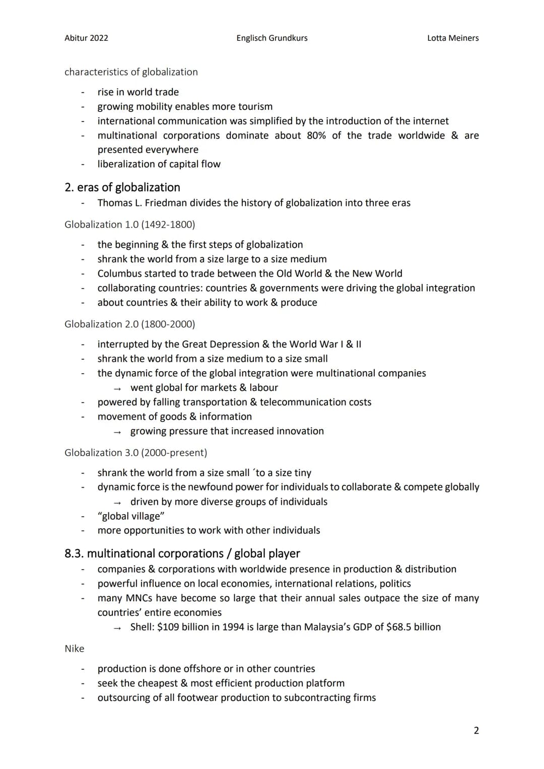 Abitur 2022
dimensions of globalization
economic dimension:
Englisch Grundkurs
Globalization
1. definitions of globalization
integration/con