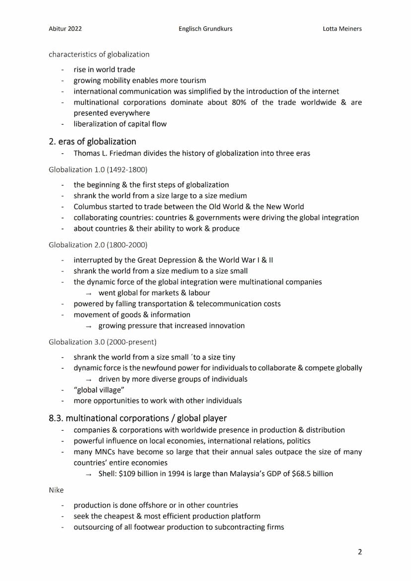 Abitur 2022
dimensions of globalization
economic dimension:
Englisch Grundkurs
Globalization
1. definitions of globalization
integration/con