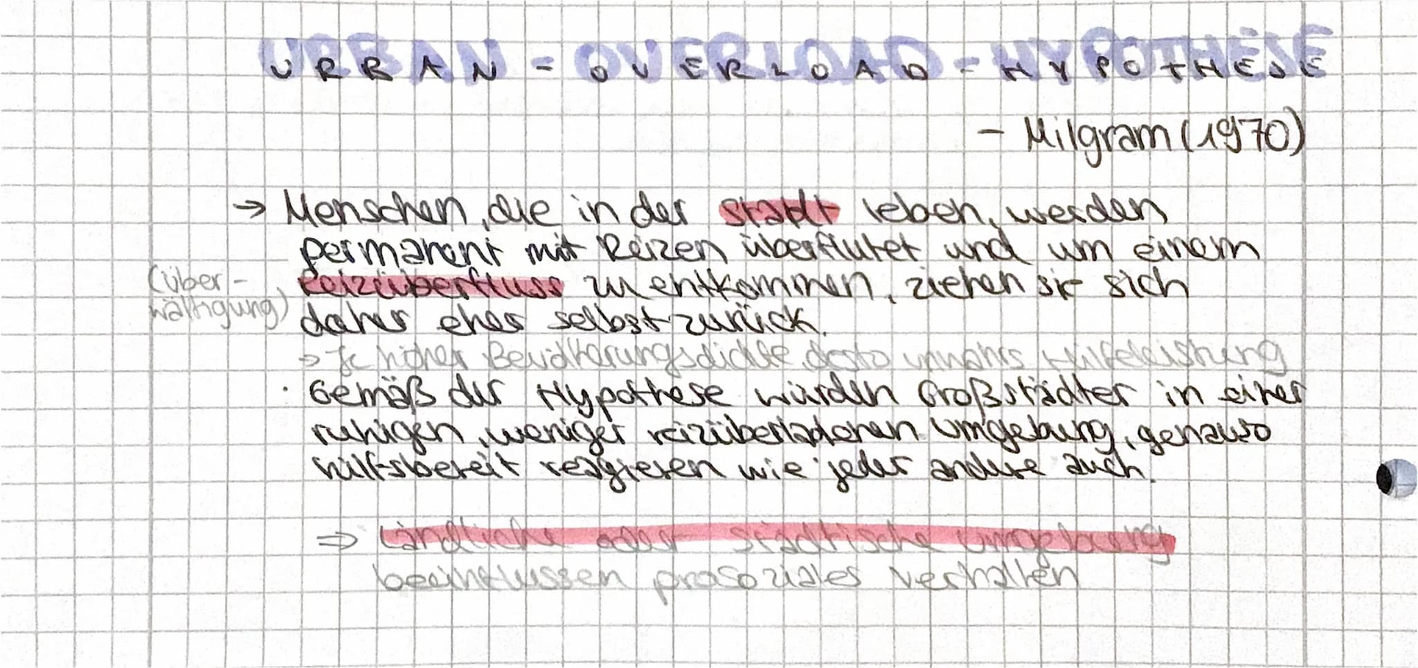 URRAN - OVERLOAD-HYPOTHESE
Milgram (1970)
→ Menschen, die in der Stadt leben, werden
permanent mit Reizen überflutet und um einem
Reizeiberf