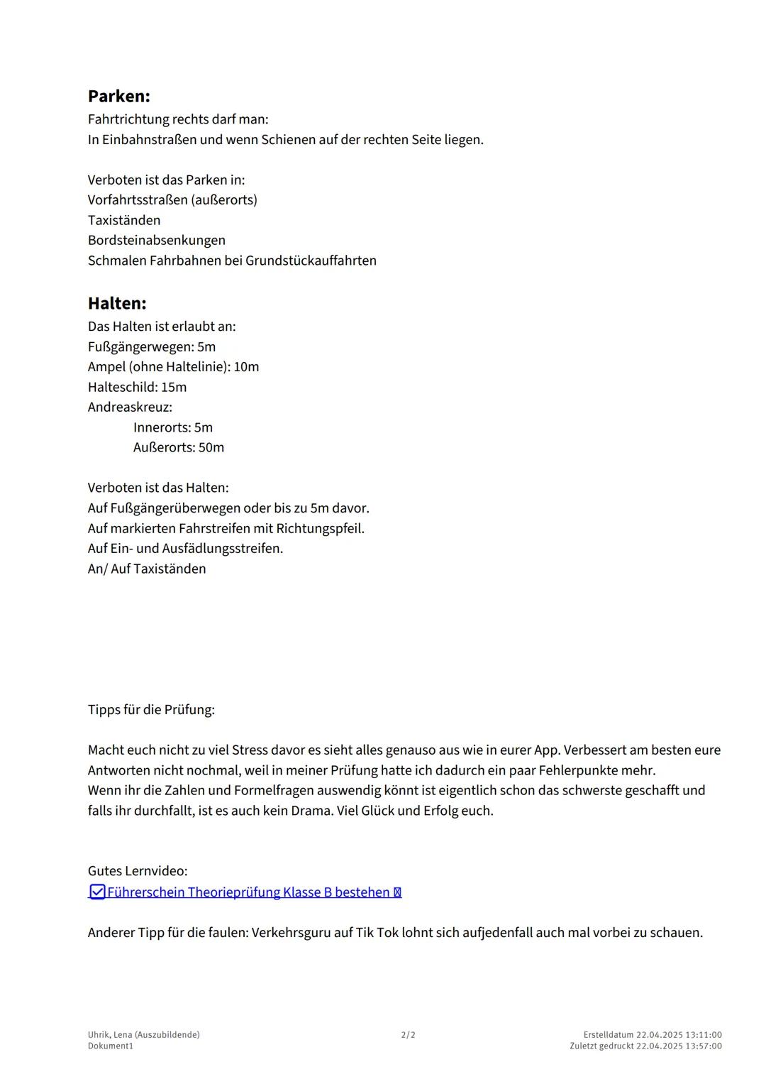 # Führerschein Lernzettel:

Geschwindigkeiten:
Autobahn: mind. 60 km/h. Die Richtgeschwindigkeit: 130 km/h
Außerorts: 100 km/h. Als LKW oder