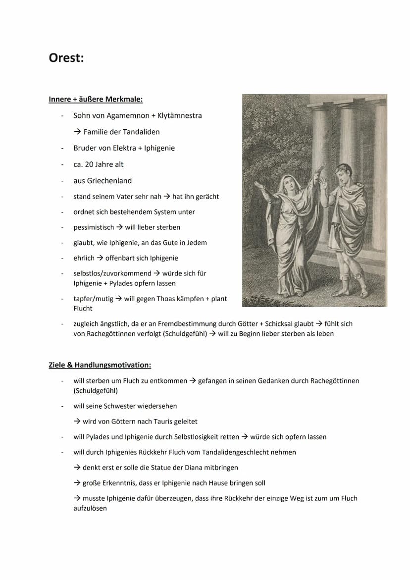 Iphigenie:
Innere + äußere Merkmale:
-
-
älteste Tochter von Agamemnon + Klytämnestra
➜ Familie der Tandaliden
Schwester von Elektra und Ore