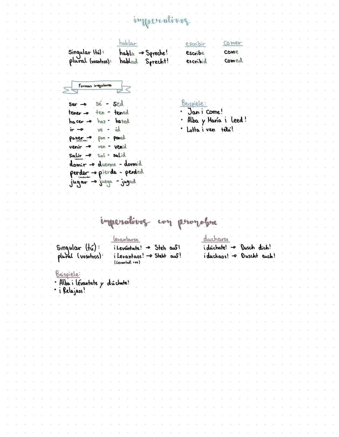Singular (tú):
plural (vosotros):
Formas irregulares
Ser-
tener →
hacer
Se
sed
ten
tened
haz hazed
ve -
id
Pon- poned
ven -
venid
Salir
Sal-